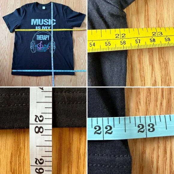 Music Is My Therapy T Shirt Size L Black Graphic Tee Headphones Treble Clef Note - Picture 5 of 12